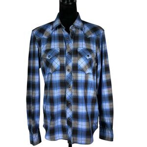 American Eagle Blue Plaid Western Shirt Snap Front Black Cowboy Top Vintage